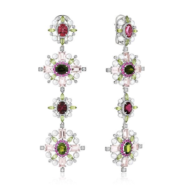 Серьги из белого золота с турмалинами 11.34 ct, бриллиантами, хризолитами, морганитами, сапфирами и жемчугом