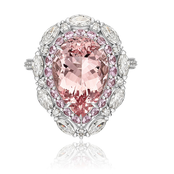 Кольцо из белого золота с бриллиантами, сапфирами и морганитом 6.03 ct
