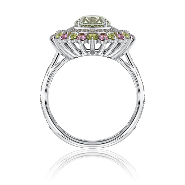 Кольцо из белого золота с аметистом 2.3 ct, бриллиантами, сапфирами и хризолитами