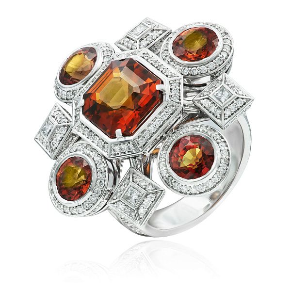 Кольцо из белого золота с сапфирами, гранатом-Спессартин 4.87 ct и бриллиантами