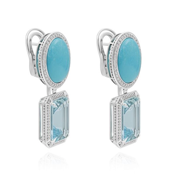 Серьги из белого золота с бриллиантами, аквамаринами 27.15 ct и бирюзой