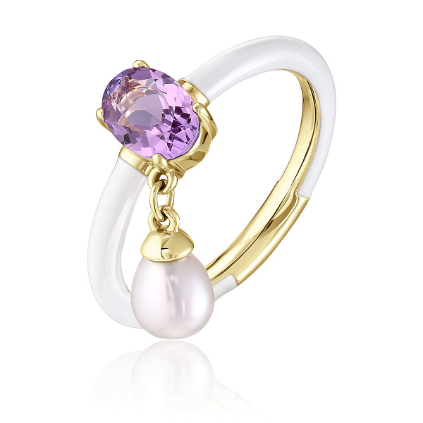 Кольцо из желтого золота с аметистом и жемчугом
