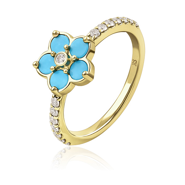 Кольцо из желтого золота с бирюзой и бриллиантами