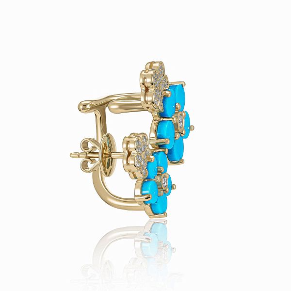 Серьга кафф из желтого золота с бирюзой и бриллиантами