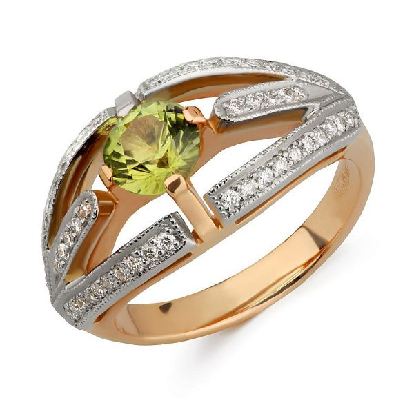 Кольцо из красного золота с хризолитом и бриллиантами