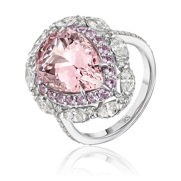 Кольцо из белого золота с бриллиантами, сапфирами и морганитом 6.03 ct