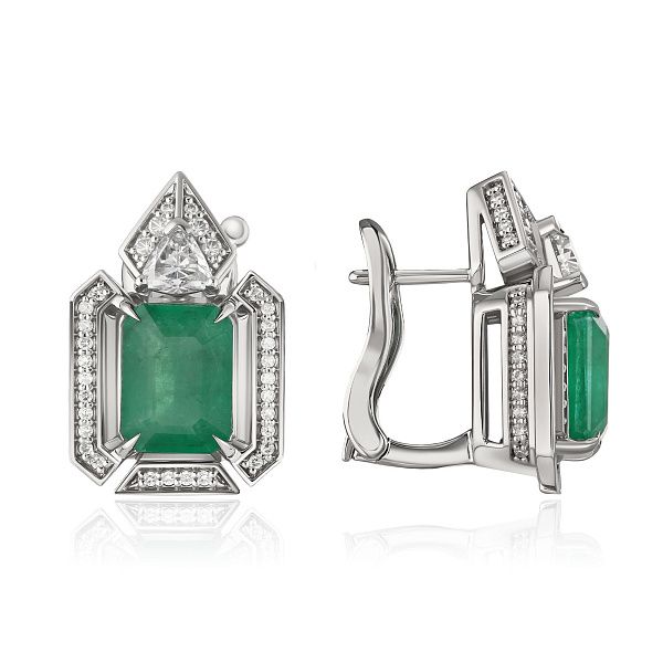 Серьги из белого золота с бриллиантами и изумрудом 4.22 ct