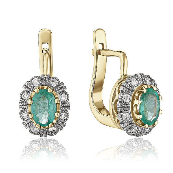Серьги из желтого золота с бриллиантами и изумрудами
