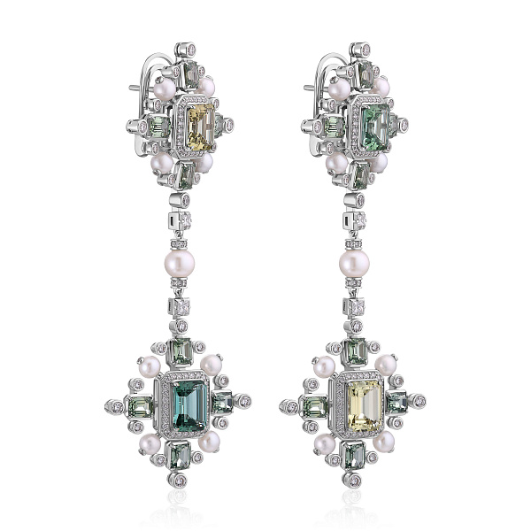 Серьги из белого золота с турмалинами 10.59 ct, сапфирами, бриллиантами и жемчугом