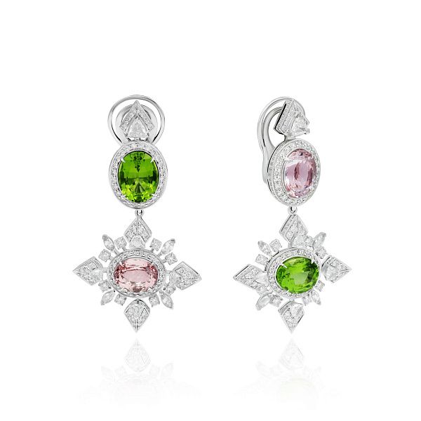 Серьги из белого золота с хризолитом, морганитами 7.28 ct, бриллиантами и сапфирами
