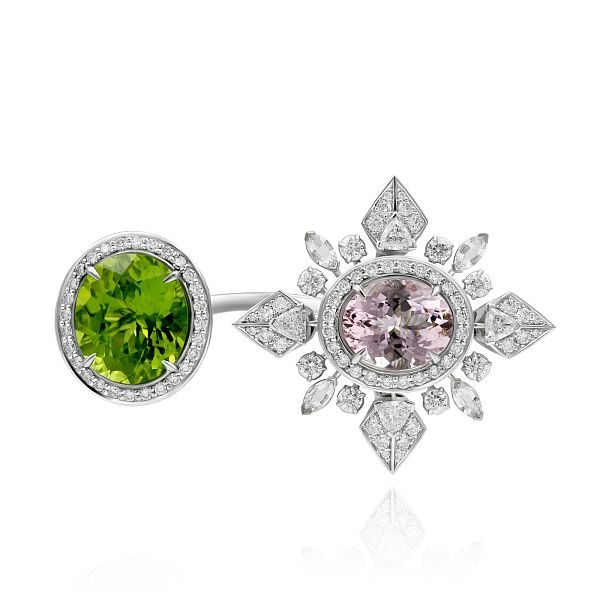 Кольцо из белого золота с хризолитом 4.83 ct, морганитом 2.85 ct, сапфирами и бриллиантами