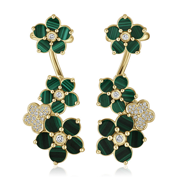 Серьги каффы из желтого золота с малахитами и бриллиантами