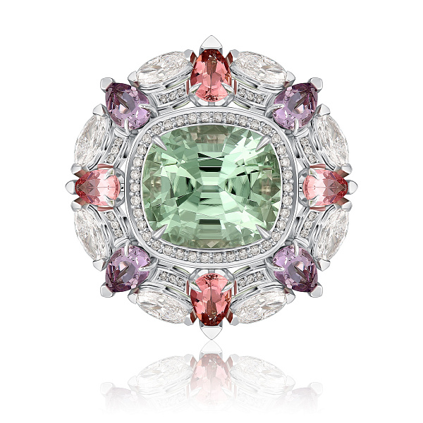 Кольцо из белого золота с бриллиантами, турмалином 7.55 ct и аметистами
