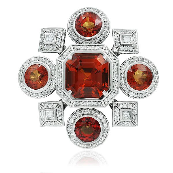 Кольцо из белого золота с сапфирами, гранатом-Спессартин 4.87 ct и бриллиантами