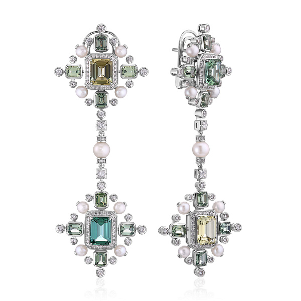 Серьги из белого золота с турмалинами 10.59 ct, сапфирами, бриллиантами и жемчугом