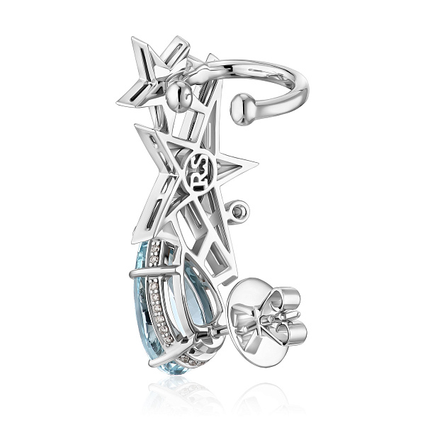 Серьга кафф из белого золота с бриллиантами и аквамарином 3.96 ct