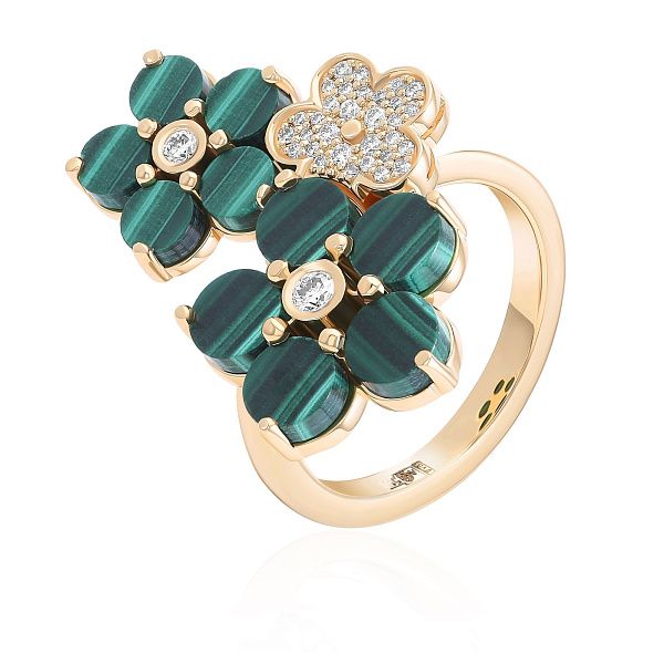 Кольцо из желтого золота с малахитом и бриллиантами