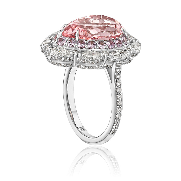 Кольцо из белого золота с бриллиантами, сапфирами и морганитом 6.03 ct