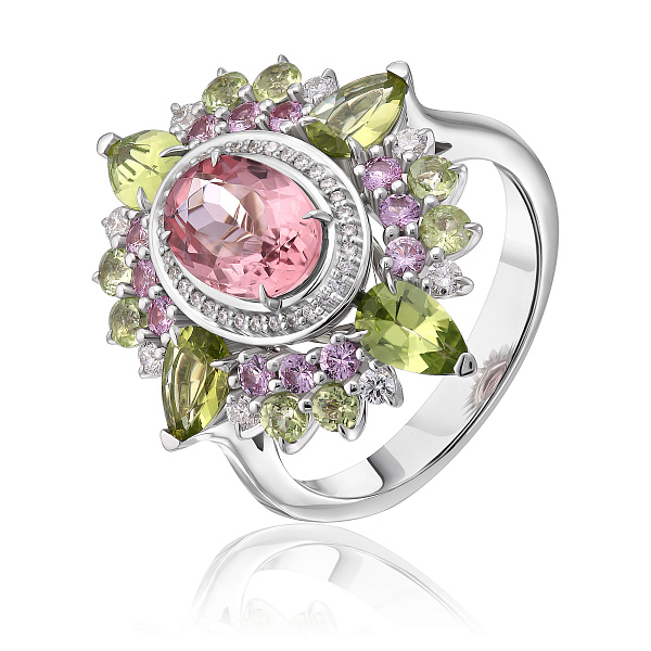 Кольцо из белого золота с хризолитами, турмалином 1.69 ct, бриллиантами и сапфирами