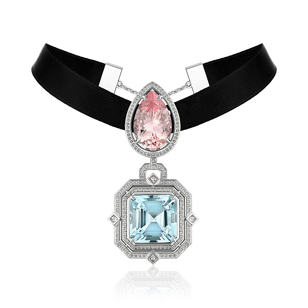 Чокер из белого золота с бриллиантами, аквамарином 9.57 ct и морганитом 5.37 ct