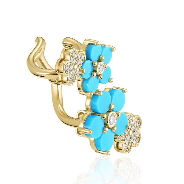 Серьга кафф из желтого золота с бирюзой и бриллиантами