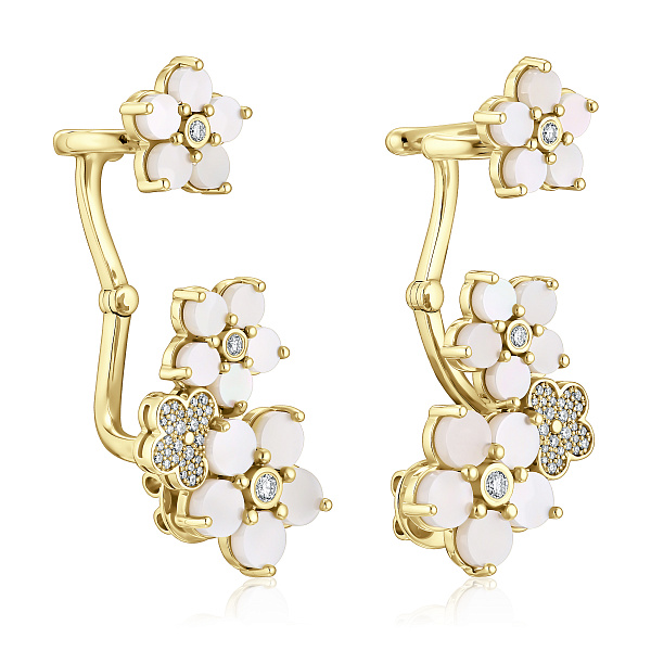 Серьги каффы из желтого золота с перламутром и бриллиантами