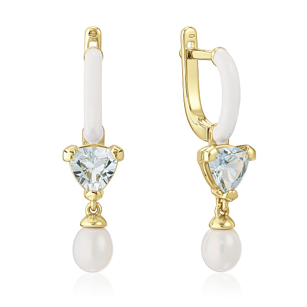 Серьги из желтого золота с топазами и жемчугом