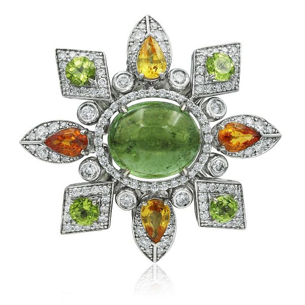 Кольцо из белого золота с турмалином 6.95 ct, сапфирами, хризолитами и бриллиантами