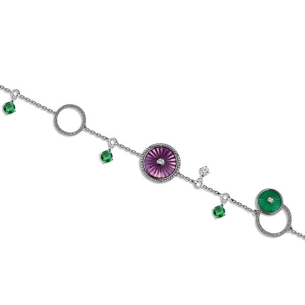 Браслет из белого золота с изумрудом, аметистами и бриллиантами