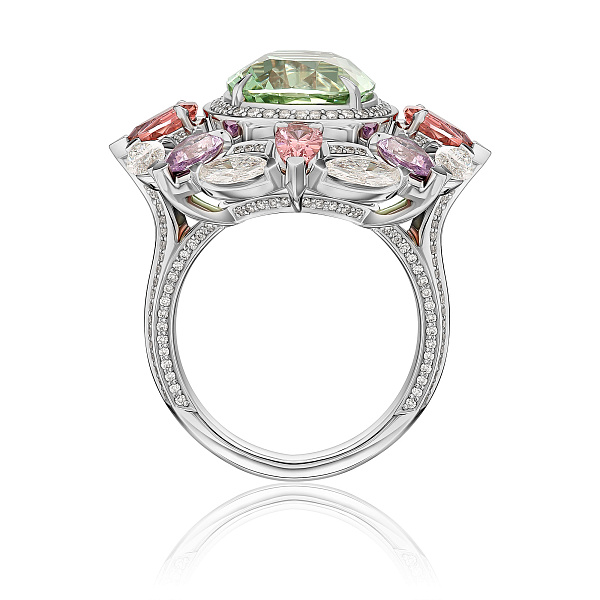 Кольцо из белого золота с бриллиантами, турмалином 7.55 ct и аметистами