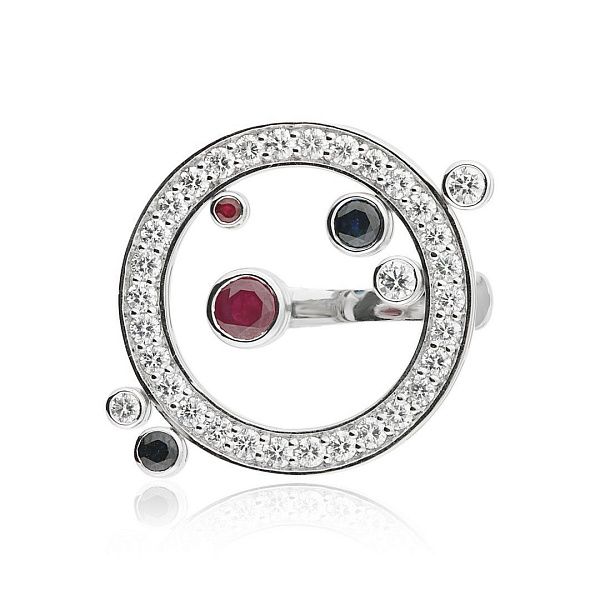 Кольцо из белого золота с сапфиром, рубином и бриллиантами