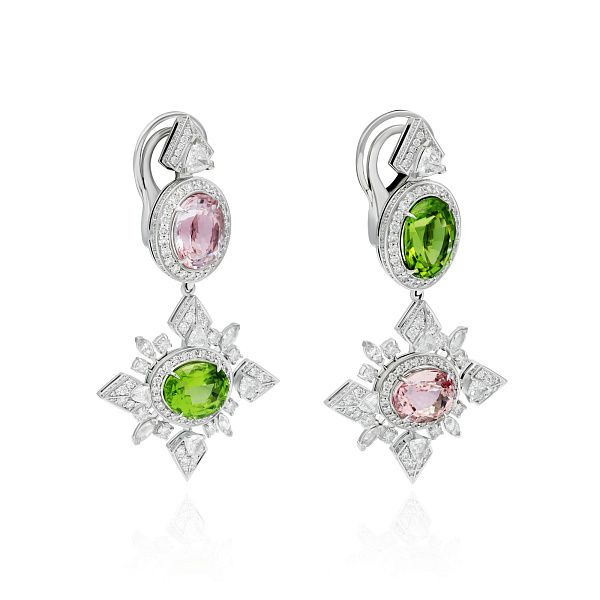 Серьги из белого золота с хризолитом, морганитами 7.28 ct, бриллиантами и сапфирами