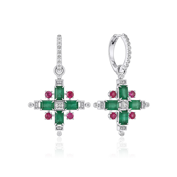 Серьги из белого золота с рубинами, бриллиантами и изумрудами