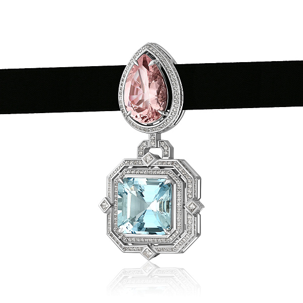 Чокер из белого золота с бриллиантами, аквамарином 9.57 ct и морганитом 5.37 ct