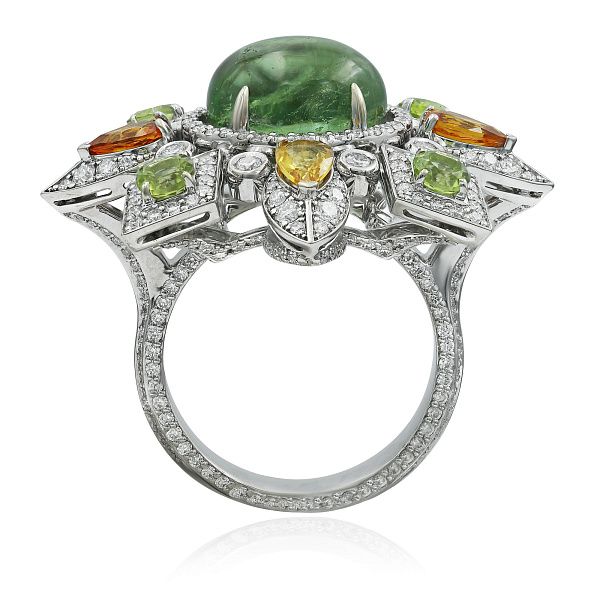 Кольцо из белого золота с турмалином 6.95 ct, сапфирами, хризолитами и бриллиантами