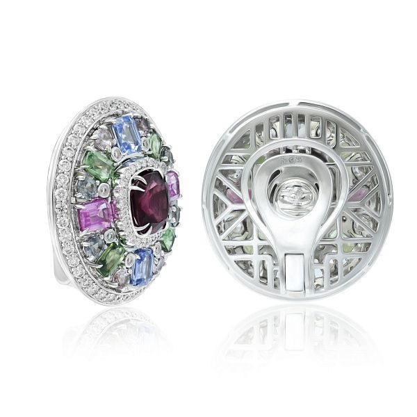 Серьги из белого золота с родолитами 4.7 ct, сапфирами, шпинелью и бриллиантами