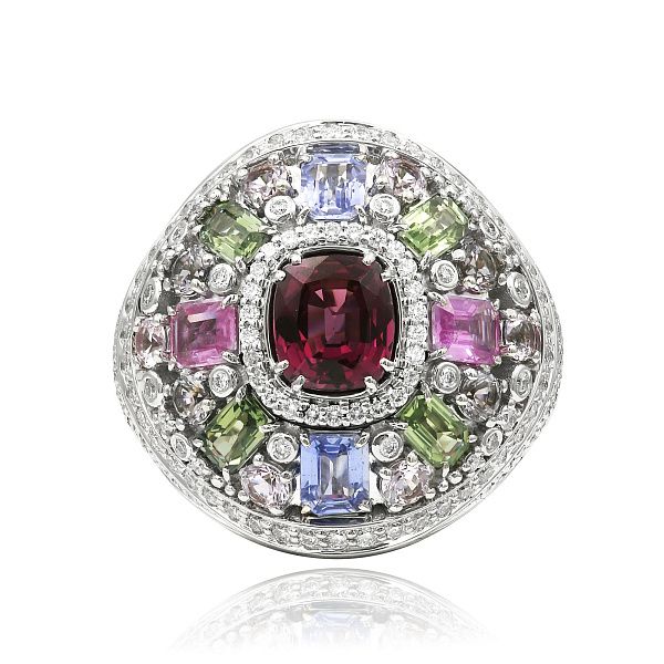 Кольцо из белого золота с родолитом 2.15 ct, сапфирами, шпинелью и бриллиантами