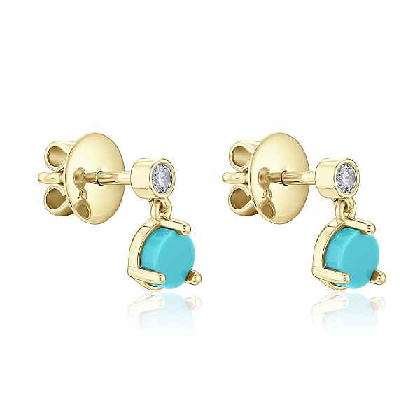 Пусеты из желтого золота с бирюзой и бриллиантами