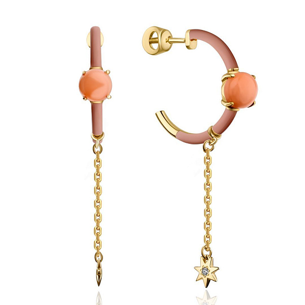 Пусеты из желтого золота с кораллами и бриллиантами