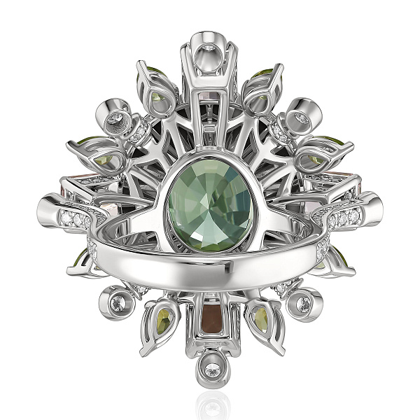 Кольцо из белого золота с бриллиантами, хризолитами 1.85 ct, морганитами 3.465 ct и турмалином 7.38 ct