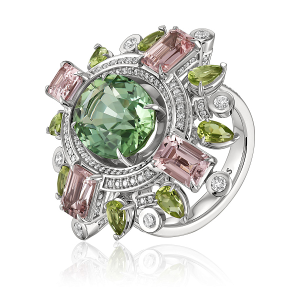 Кольцо из белого золота с бриллиантами, хризолитами 1.85 ct, морганитами 3.465 ct и турмалином 7.38 ct