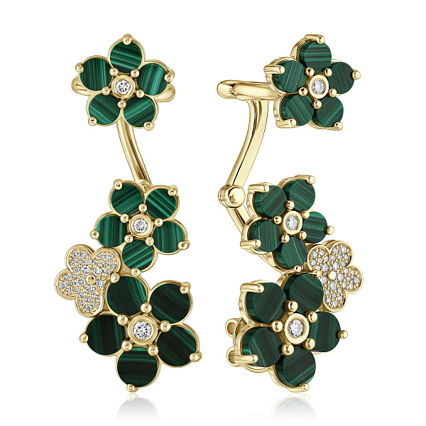 Серьги каффы из желтого золота с малахитами и бриллиантами