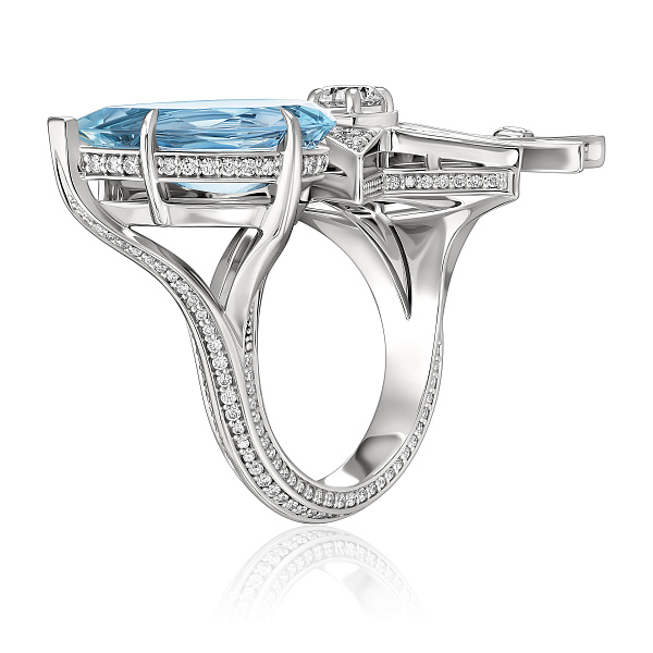 Кольцо из белого золота с аквамарином 4.12 ct и бриллиантами