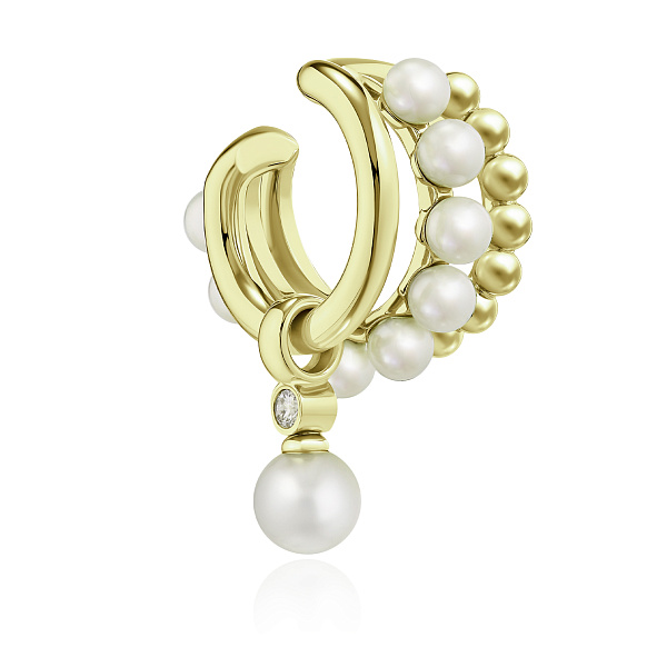Серьга кафф из желтого золота с бриллиантом и жемчугом