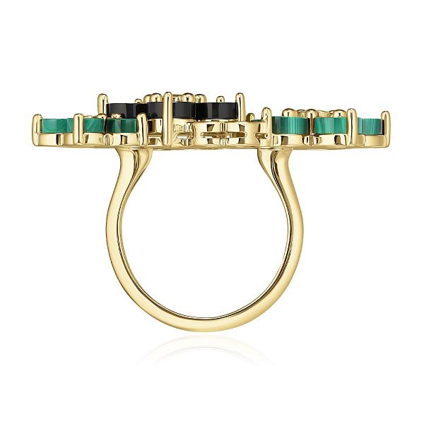 Кольцо из желтого золота с ониксом, малахитом и бриллиантами