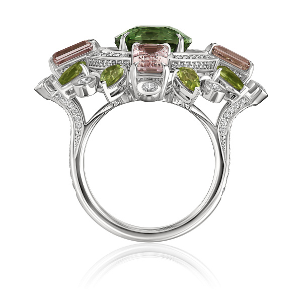 Кольцо из белого золота с бриллиантами, хризолитами 1.85 ct, морганитами 3.465 ct и турмалином 7.38 ct