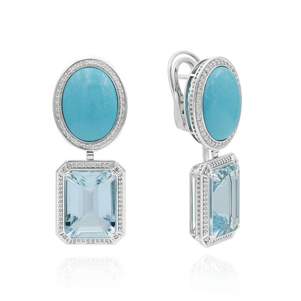 Серьги из белого золота с бриллиантами, аквамаринами 27.15 ct и бирюзой