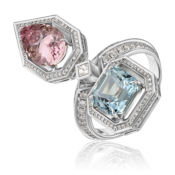 Кольцо из белого золота с бриллиантами, морганитом 2.67 ct и аквамарином 3.54 ct