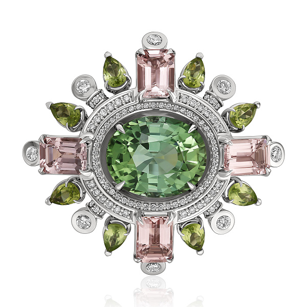 Кольцо из белого золота с бриллиантами, хризолитами 1.85 ct, морганитами 3.465 ct и турмалином 7.38 ct