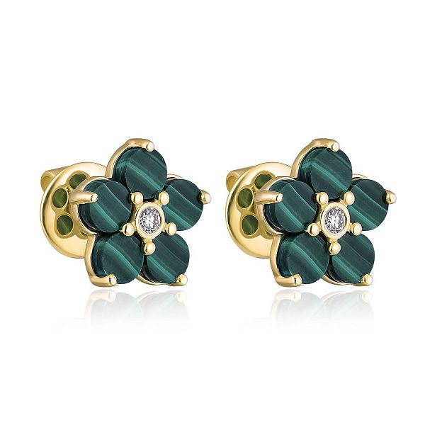 Пусеты из желтого золота с малахитом и бриллиантами